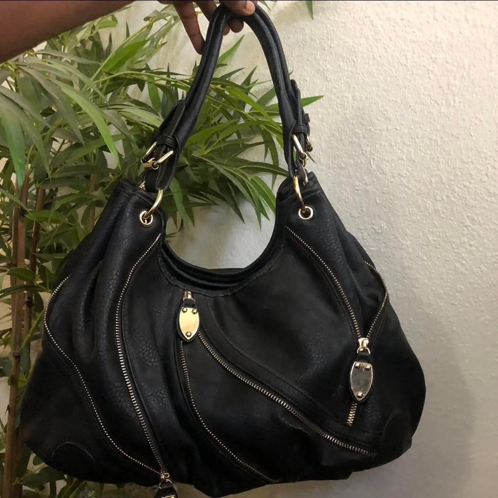 2000s Large Hobo Goth Biker Grunge Black Leather Shoulder Hand Bag Purse Zippers
